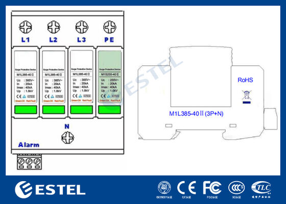 M1L385-40 II อุปกรณ์ป้องกันไฟกระชาก (SPD) สำหรับการจ่ายไฟ - กระแสไฟกระชาก 40kA, 230V/400VAC, พอร์ตสัญญาณเตือนระยะไกล, ติดตั้งบนราง DIN, IP20, การป้องกัน Class C